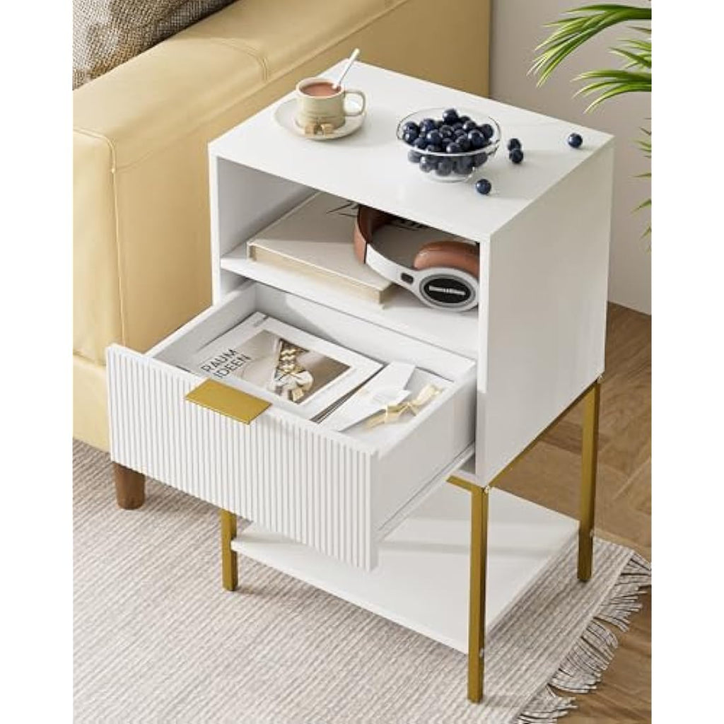 HEYZOEY White Fluted Nightstand – Tall Bedside Table with Gold Frame