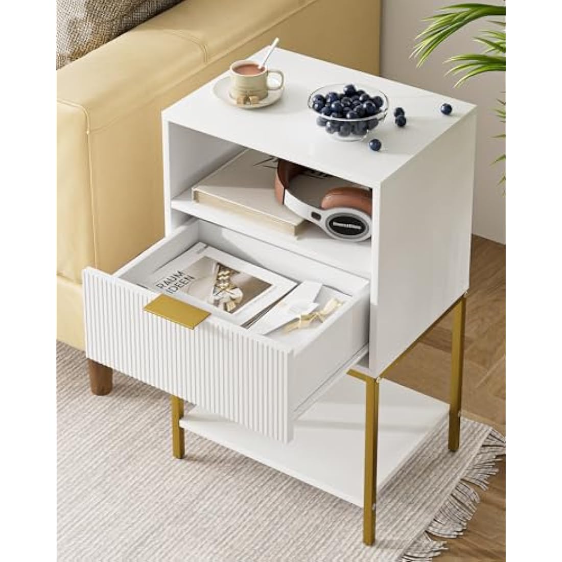 HEYZOEY White Fluted Nightstand – Tall Bedside Table with Gold Frame