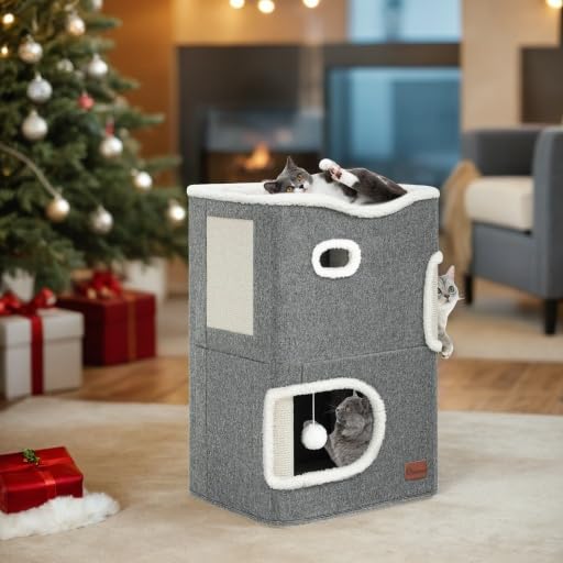 YITAHOME 3-Level Cat House Condo with Scratching Post & Hammock – Grey