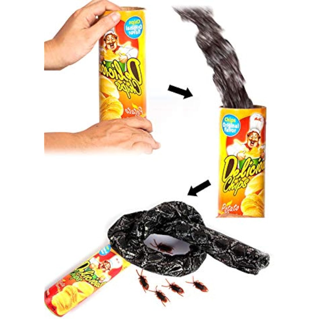 Potato Chip Snake Can Prank Toy with 5 Fake Cockroaches