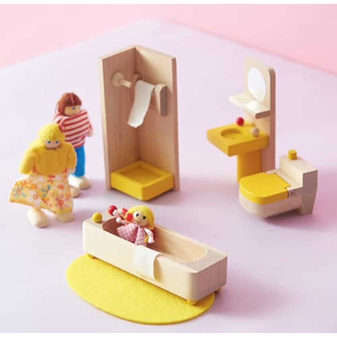 Wooden Dollhouse Furniture Set - 5 Rooms and 7 Dolls