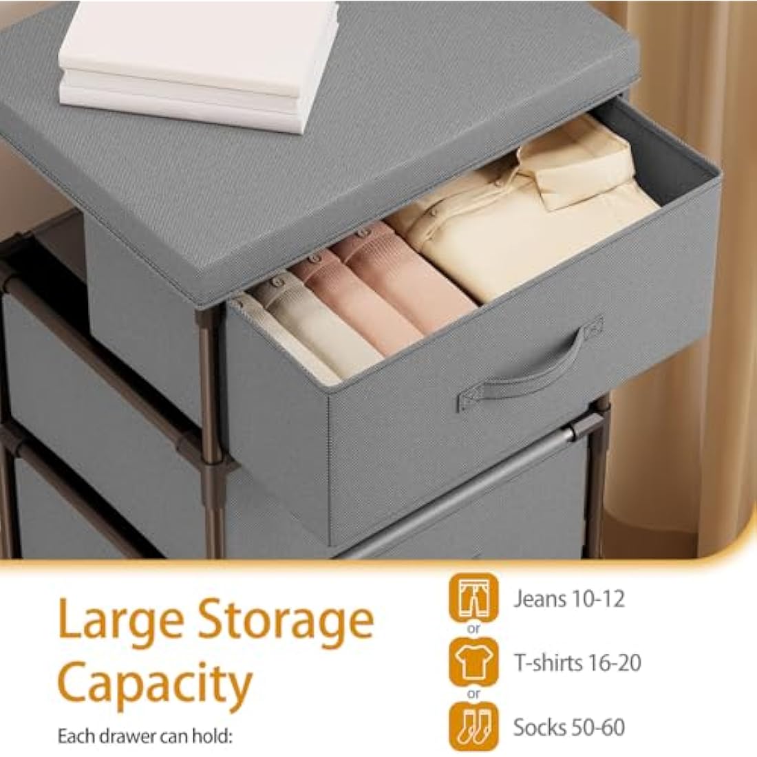 WANGIRL 4-Drawer Fabric Dresser – Grey Storage Chest with Steel Frame