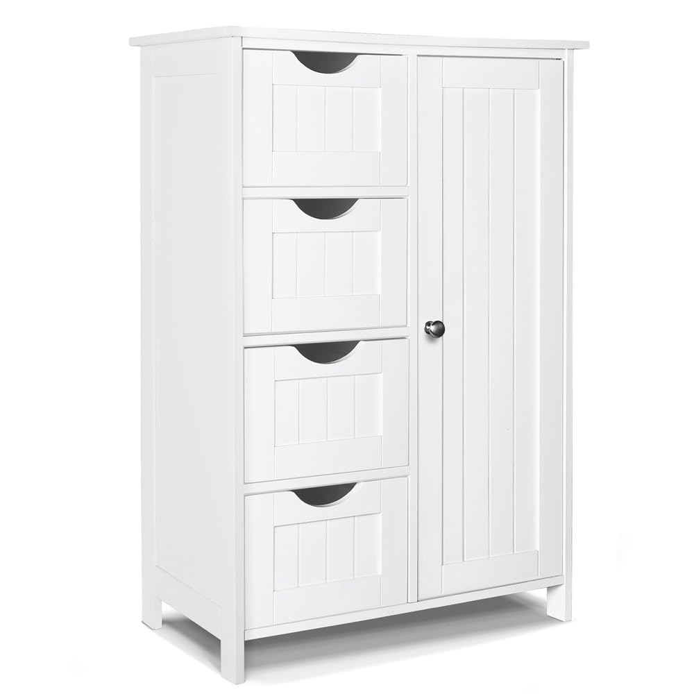 VOUNOT Bathroom Floor Storage Cabinet | 4 Drawers & Adjustable Shelf - White