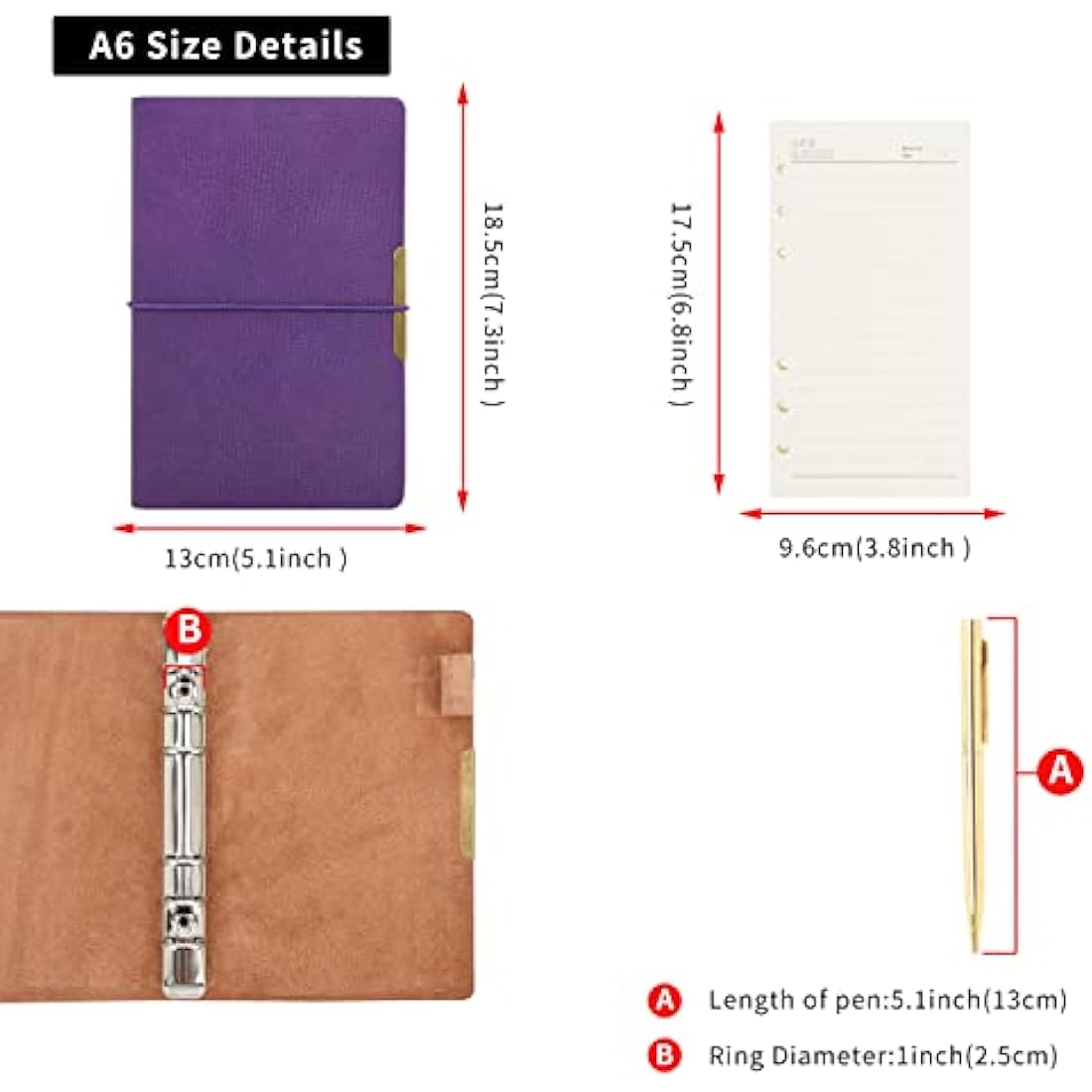 Jolof Store A6 Refillable Leather Notebook – 6-Ring Binder Purple Journal