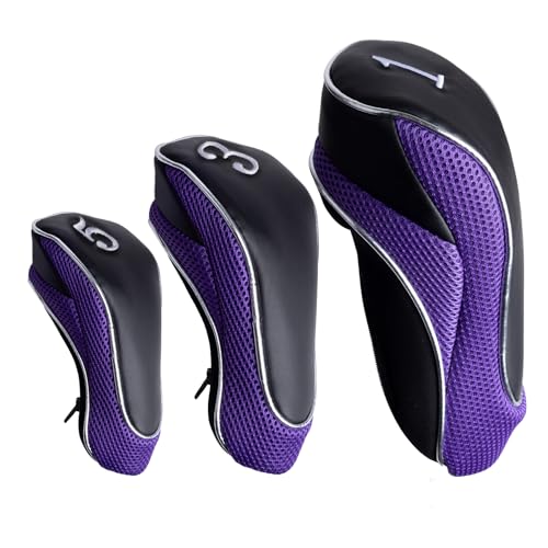 Andux Golf Driver & Fairway Wood Head Covers - 3pc Purple Zipper Set