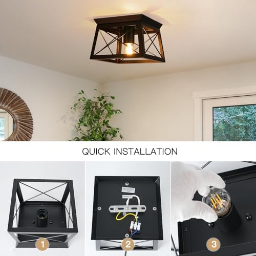 FORCOSO Industrial Flush Mount Ceiling Light – Matte Black Metal Square