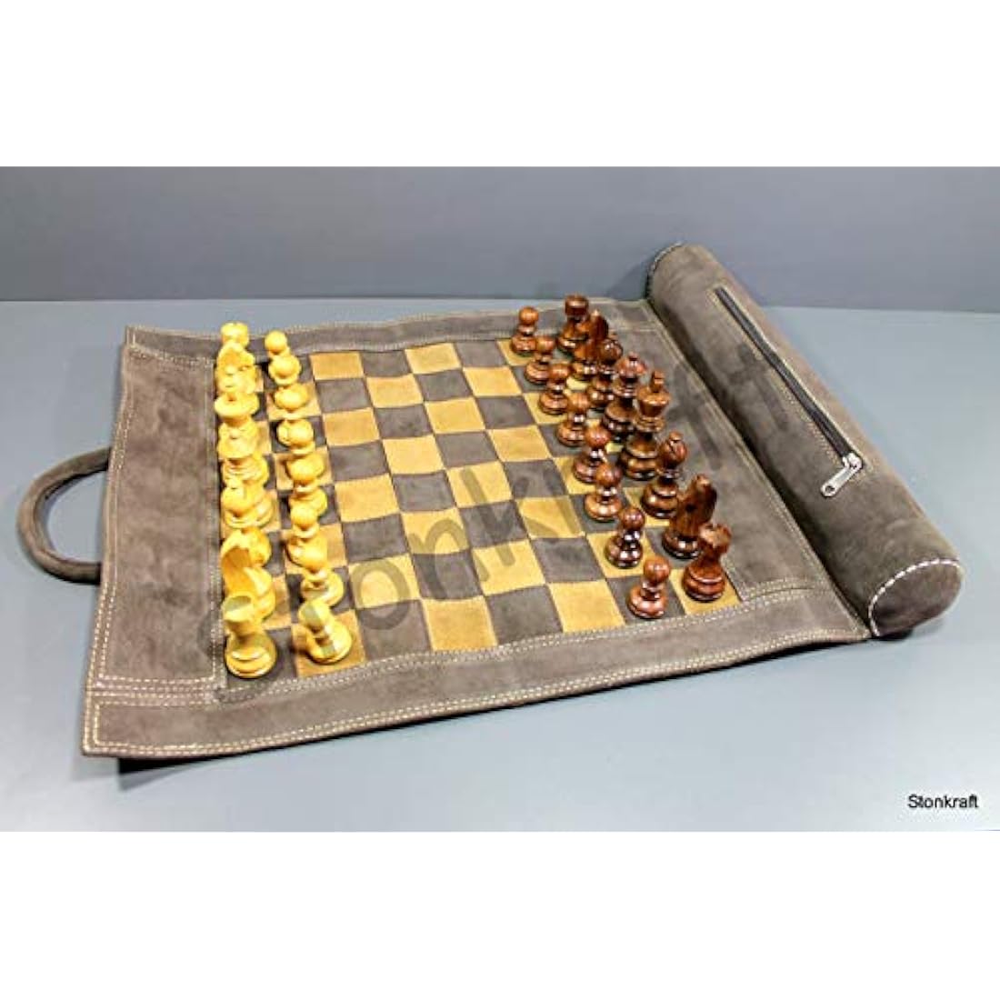 Roll-Up Leather Chess Set with Wooden Pieces – Brown Grey