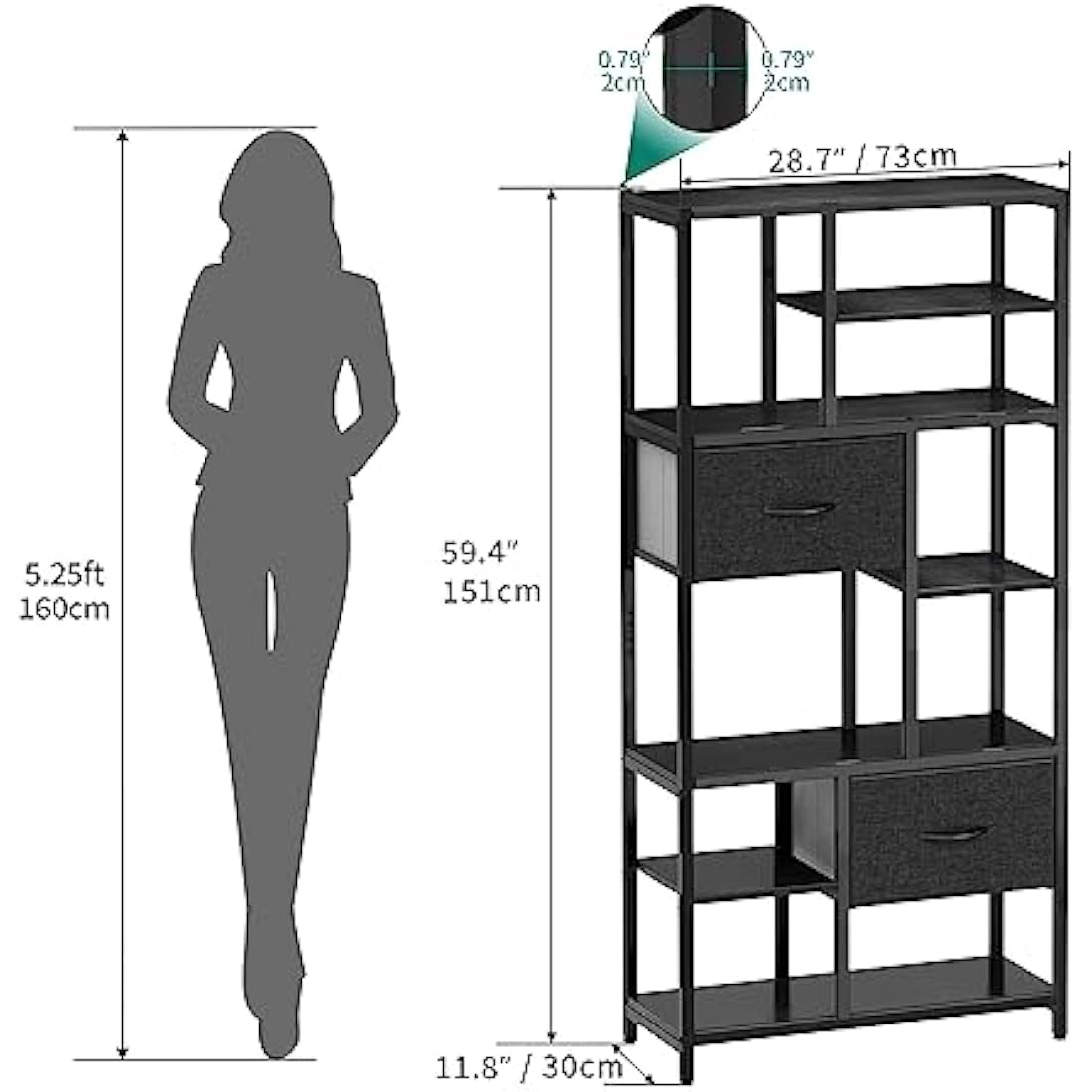 YITAHOME 7-Tier Industrial Bookshelf with 2 Drawers | Black Steel Frame