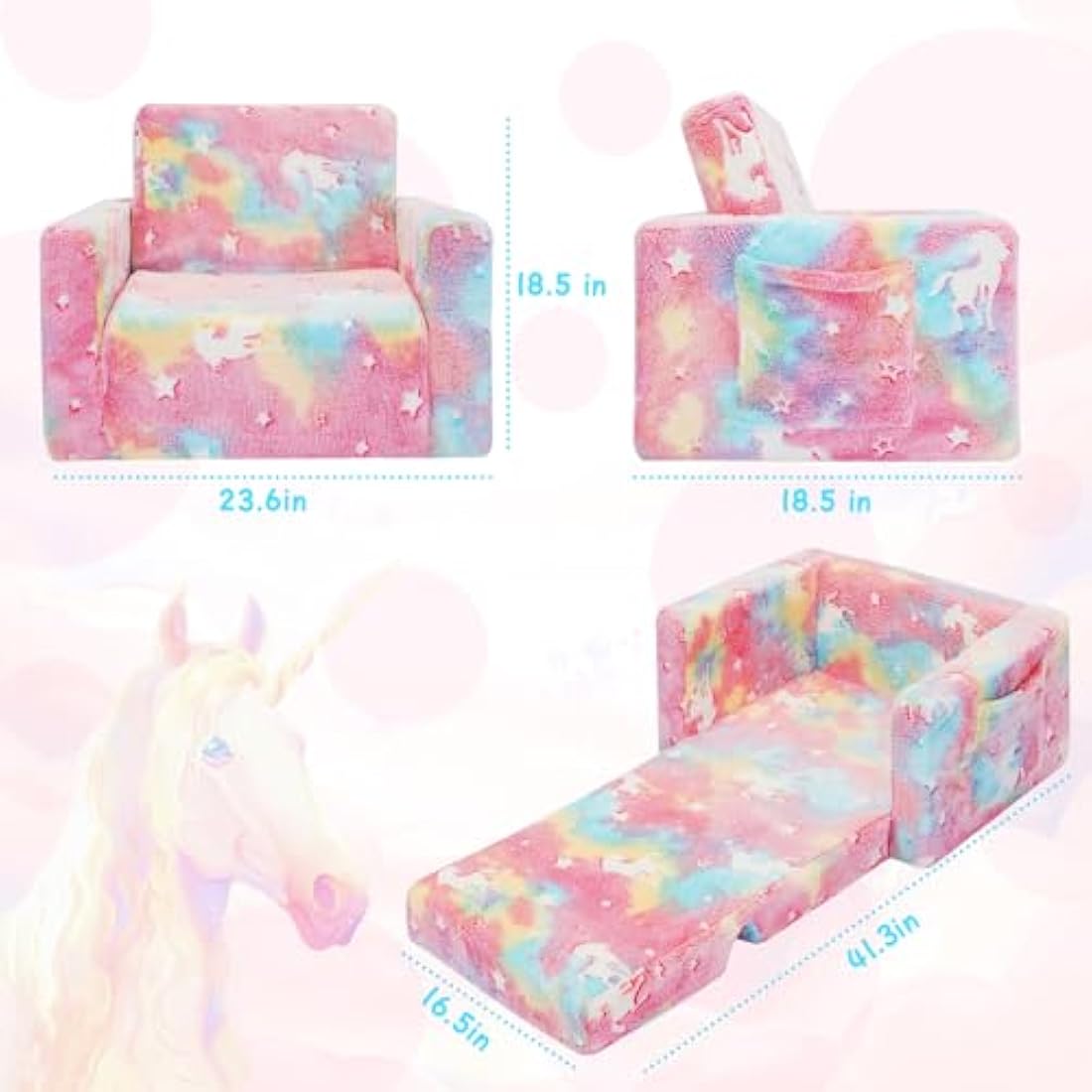 Jolof Store Kids Glow in the Dark Convertible Sofa – Pink Unicorn Lounger