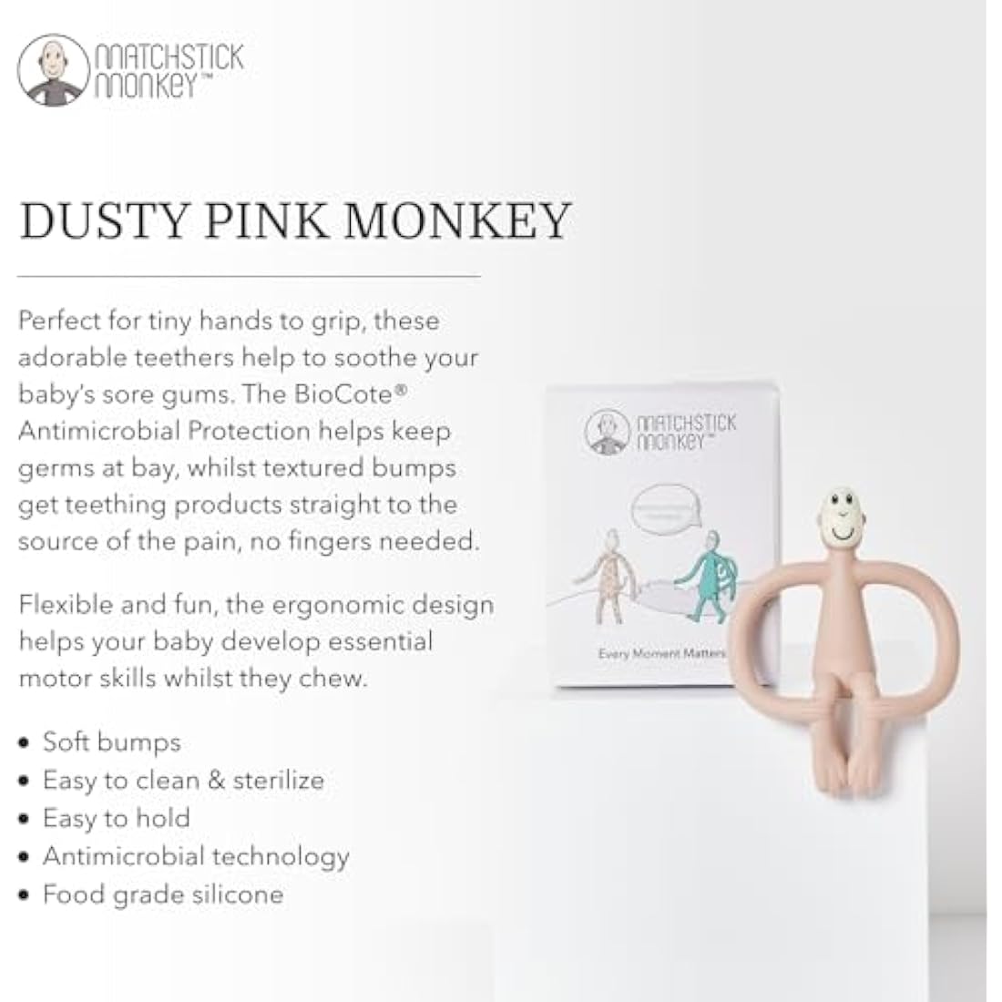Matchstick Monkey Silicone Teether & Gel Applicator – Dusty Pink