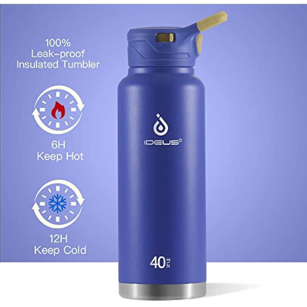 IDEUS Vacuum Insulated Water Bottle | 40oz Stainless Steel Sports Flask