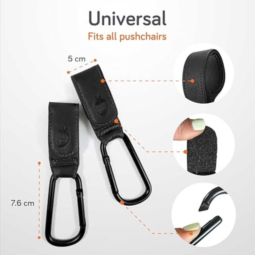 Baby Uma Leather Buggy Clips – Universal Pram Hooks (2 Pack) | Black