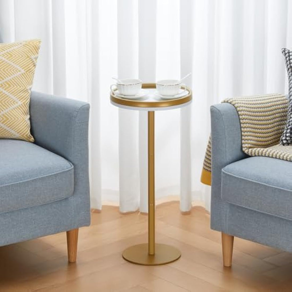 Small Round Drink Table – Modern Pedestal Side Table, White Gold