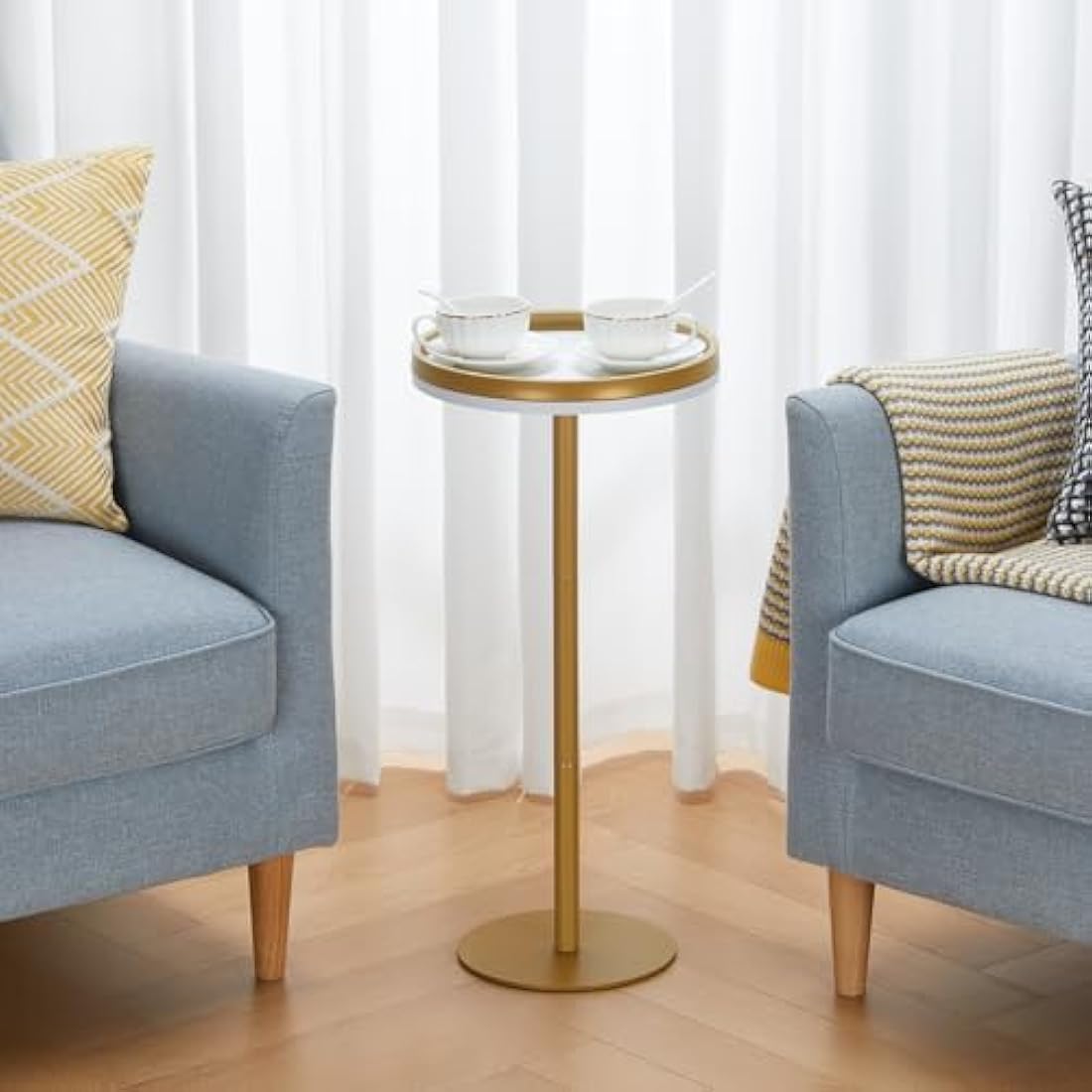 Small Round Drink Table – Modern Pedestal Side Table, White Gold