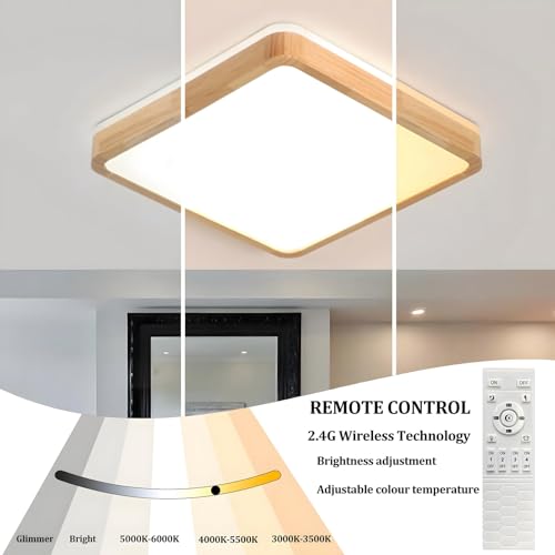 YYUTLUO Square Wood LED Ceiling Light – 30W Dimmable Flush Mount Lamp