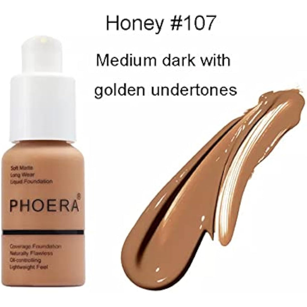Phoera Full Coverage Liquid Foundation - Matte Oil Control (107 Honey)