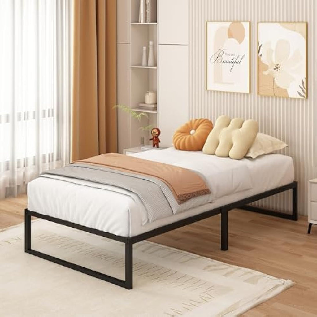 Single Metal Bed Frame – 90x190cm Steel Slat Support, Black