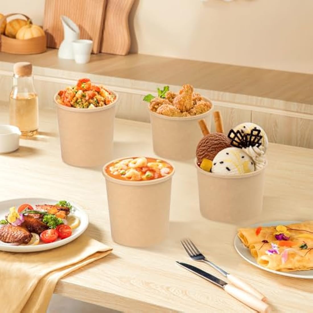 12oz Kraft Paper Soup Cups with Lids - 50 Pack Disposable Bowls