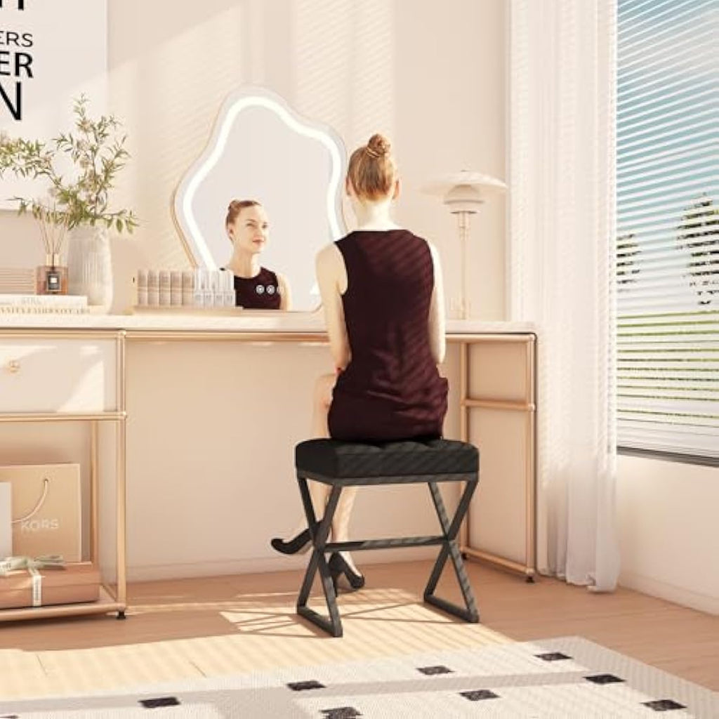 YMYNY Linen Vanity Stool – Square Ottoman Bench with X-Shaped Metal Legs