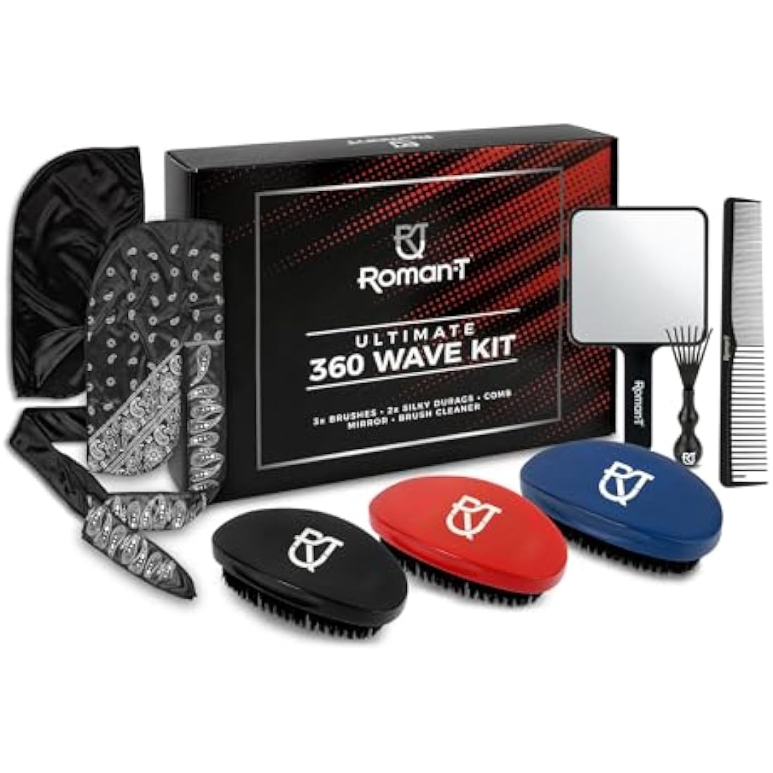 Roman-T 8-in-1 360 Wave Brush Kit – 3 Brushes, 2 Durags & Mirror Set