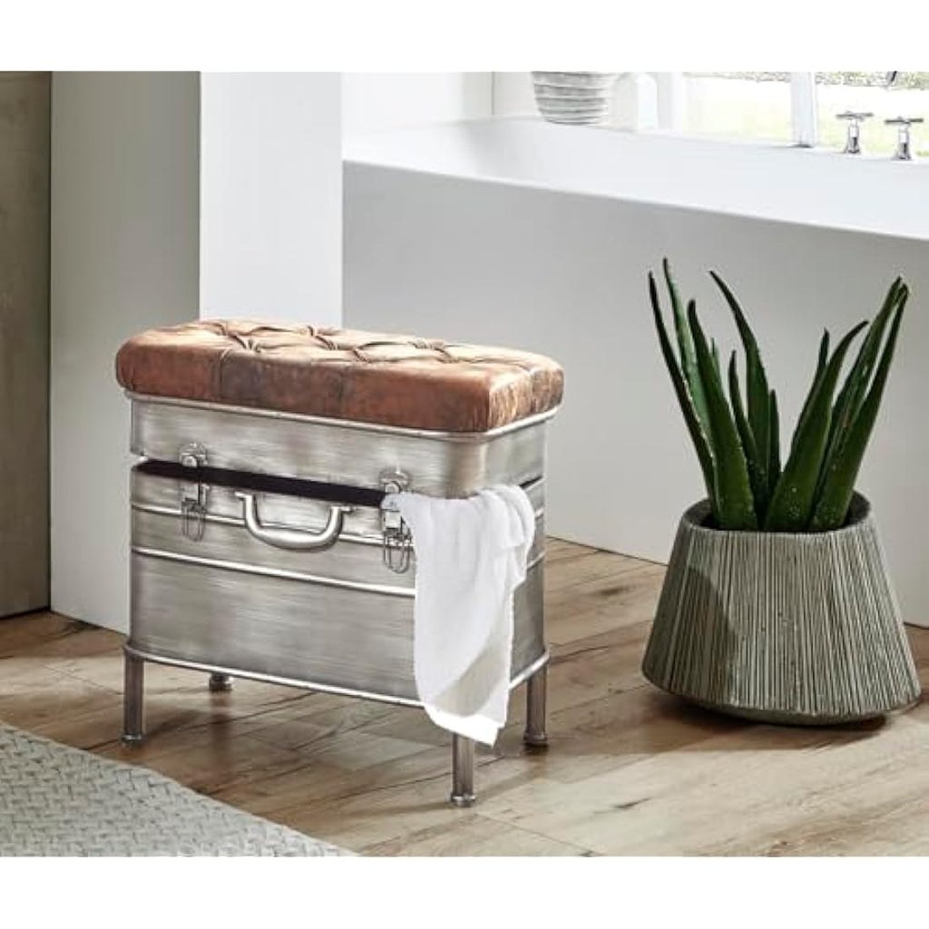 HAKU Möbel Industrial Bench – Brown Faux Leather & Metal Foldable Seat