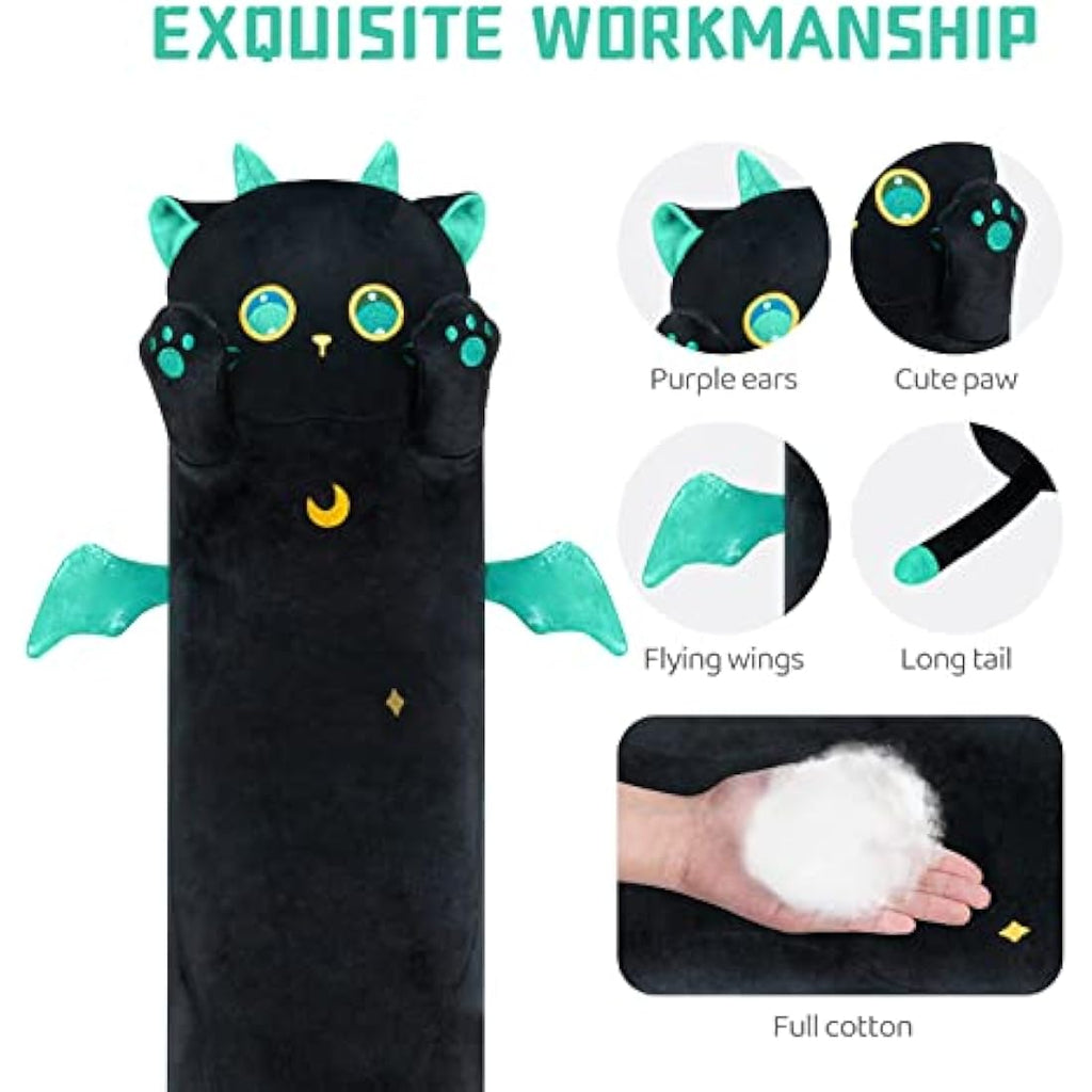 Mewaii 51in Long Cat Plush Body Pillow – Soft Black Kawaii Stuffed Animal