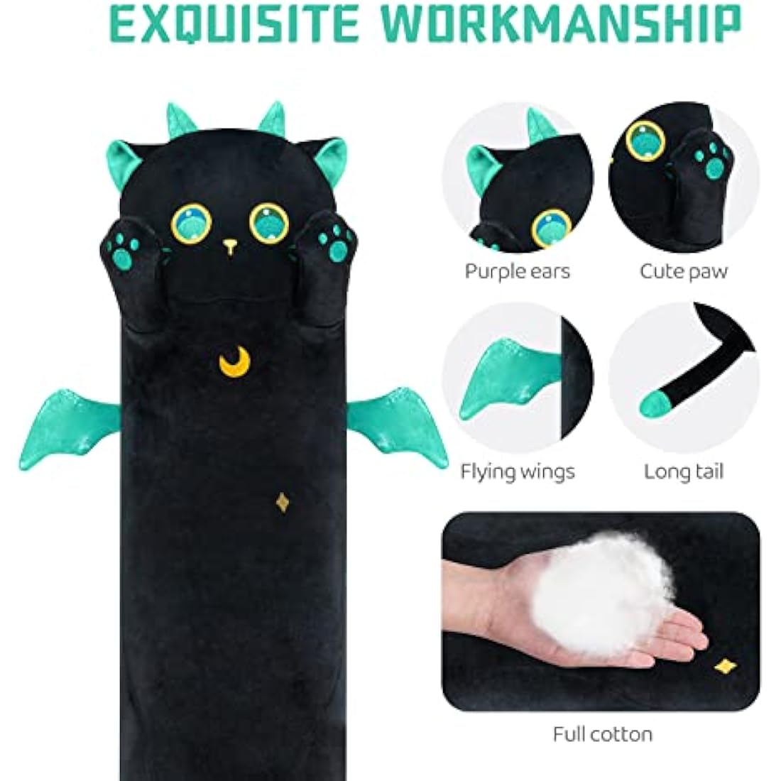 Mewaii 20in Black Cat Plush Body Pillow – Soft Kawaii Stuffed Animal
