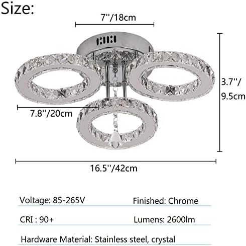 VETRULUS Modern Crystal LED Chandelier | 3-Ring Flush Mount Ceiling Light