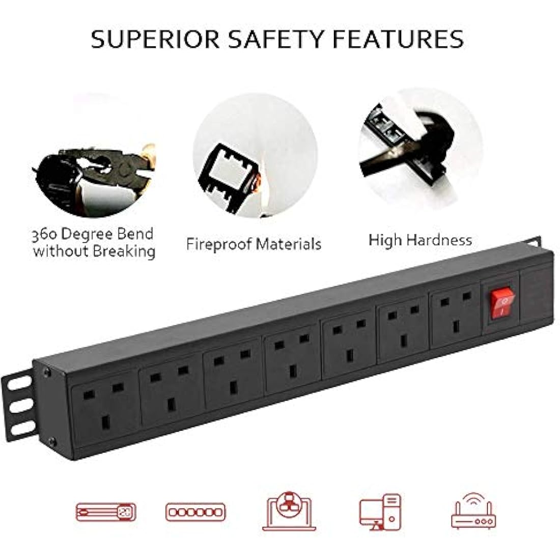 THOWALL 7-Way Rack Mount Power Strip – 1.8m Surge Protected Extension Lead