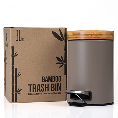 Kazai 3L Bathroom Bin | Soft Close Pedal Bin with Bamboo Lid – Taupe