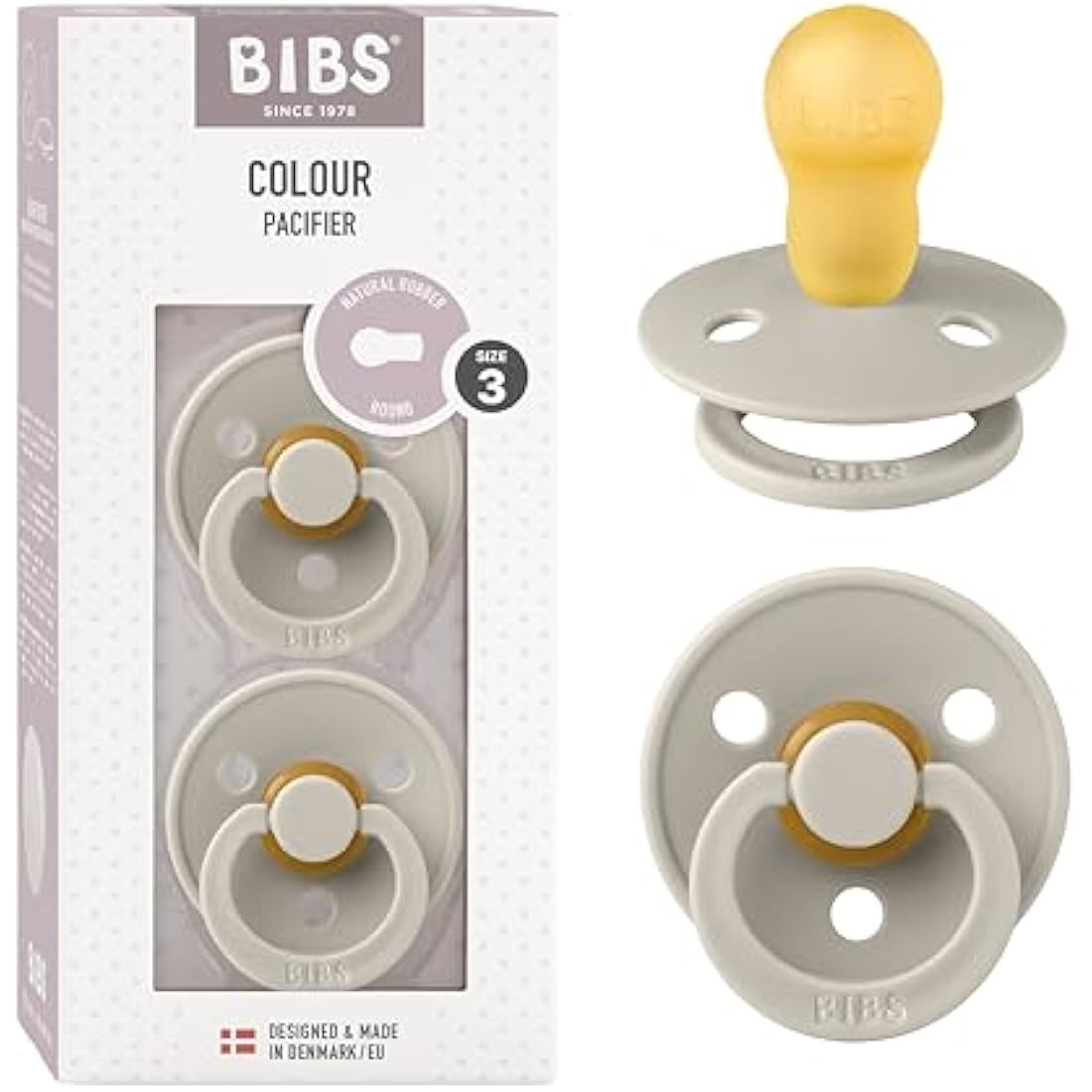 BIBS Colour Pacifier 2-Pack | Natural Rubber Latex Soother, Size 3, Sand