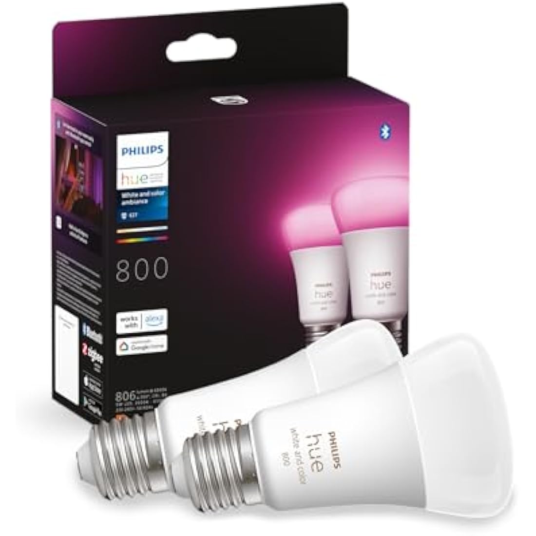 Philips Hue White & Colour Ambiance E27 Smart Bulbs - 2 Pack