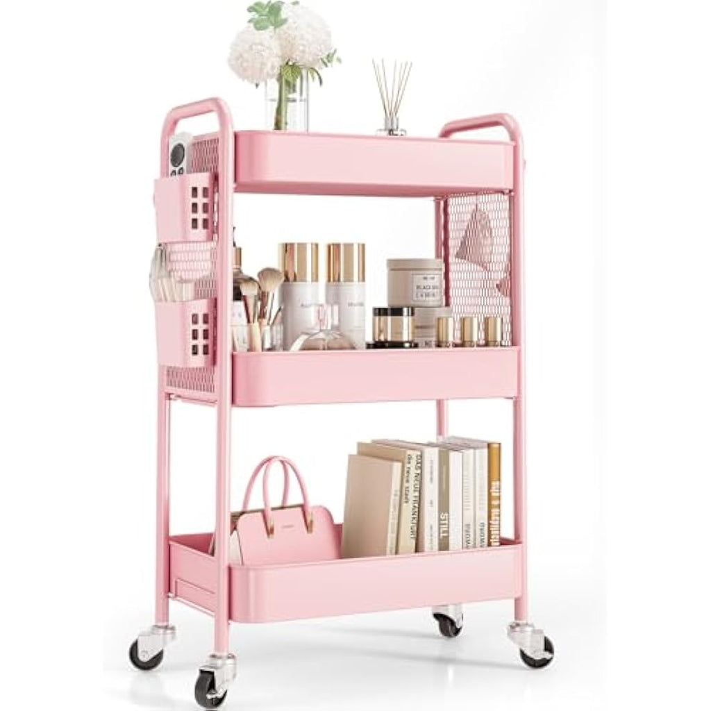 Urackify 3-Tier Rolling Storage Trolley with Pegboard & Hooks - Pink