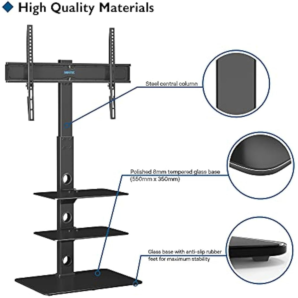 BONTEC Universal Floor TV Stand | 30-70 inch | 3-Tier Glass Shelves