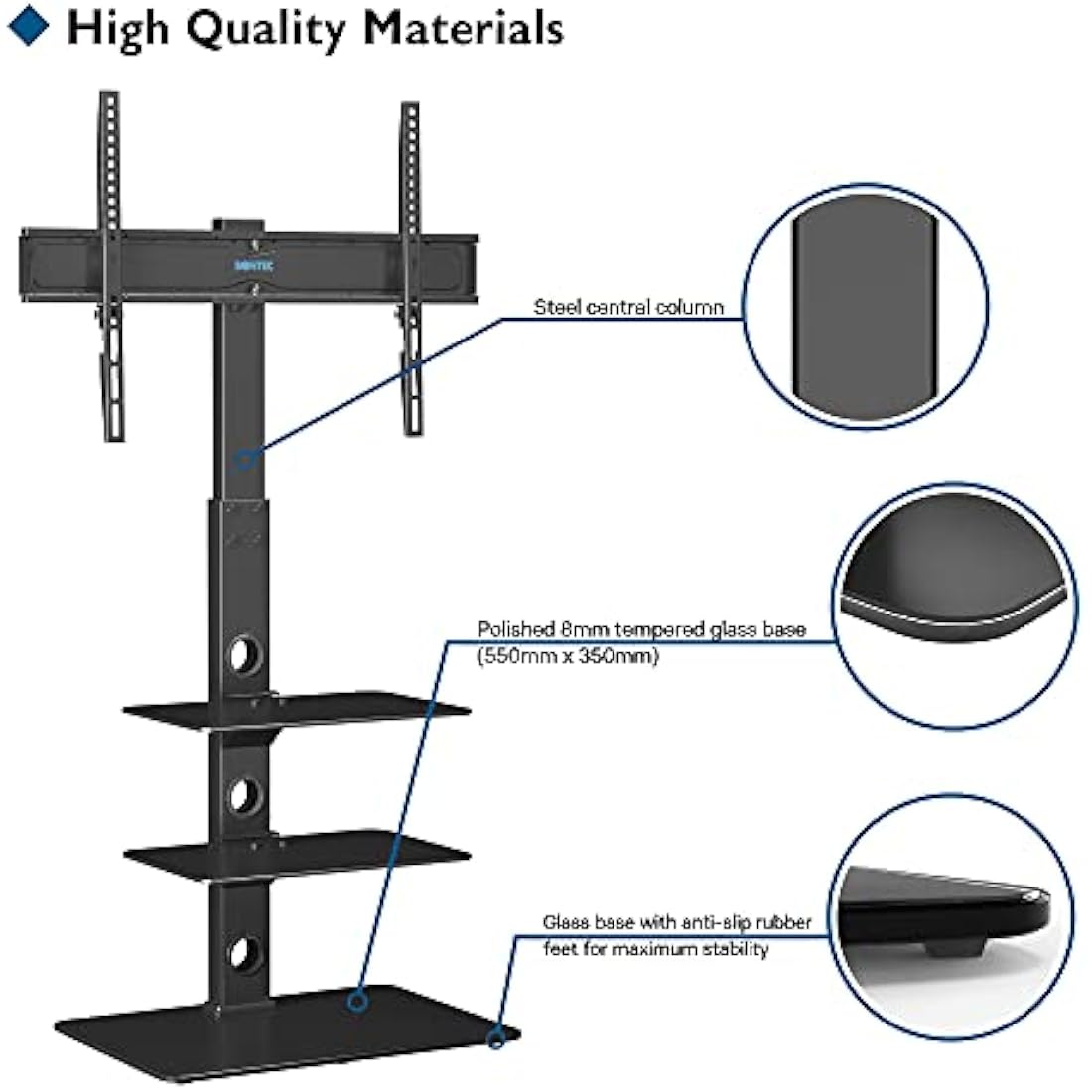 BONTEC Universal Floor TV Stand | 30-70 inch | 3-Tier Glass Shelves