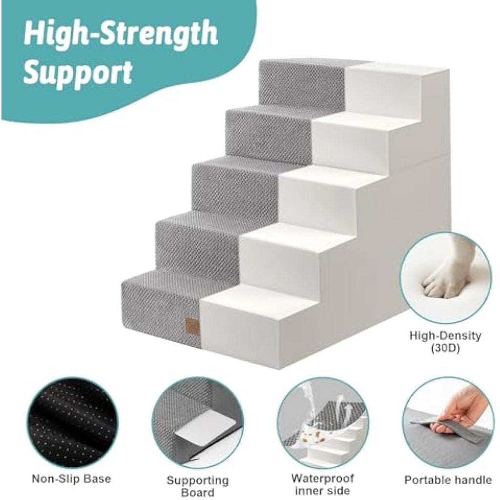 COZY KISS 5-Tier Wide Dog Stairs – Foldable High-Density Foam Pet Steps