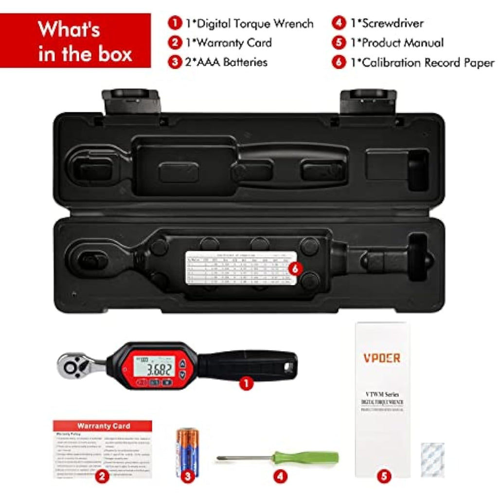 VPOER 1/4" Digital Torque Wrench | 0.22-7.37 ft-lbs with LED & Buzzer