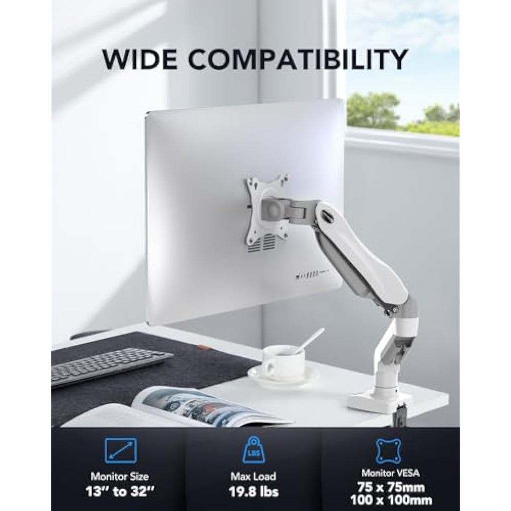 HUANUO Single Monitor Arm – Gas Spring Mount for 13-32 Inch Screens, White