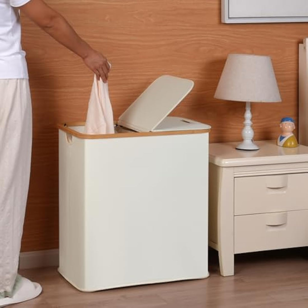efluky 140L Double Laundry Basket with Lid - Bamboo & Linen Hamper, Beige