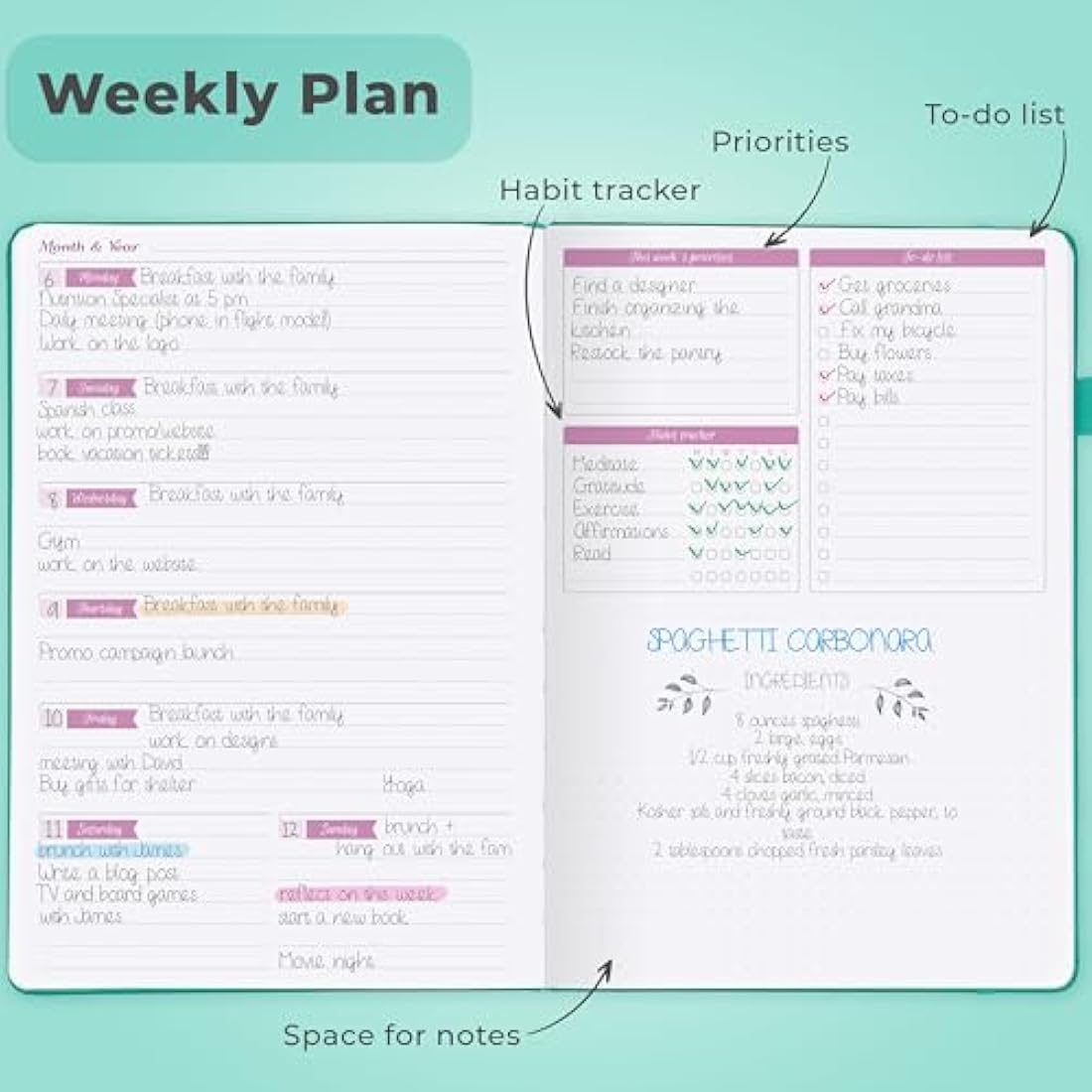 GoGirl Undated Life Planner – A5 Turquoise Eco-Leather Weekly Organizer