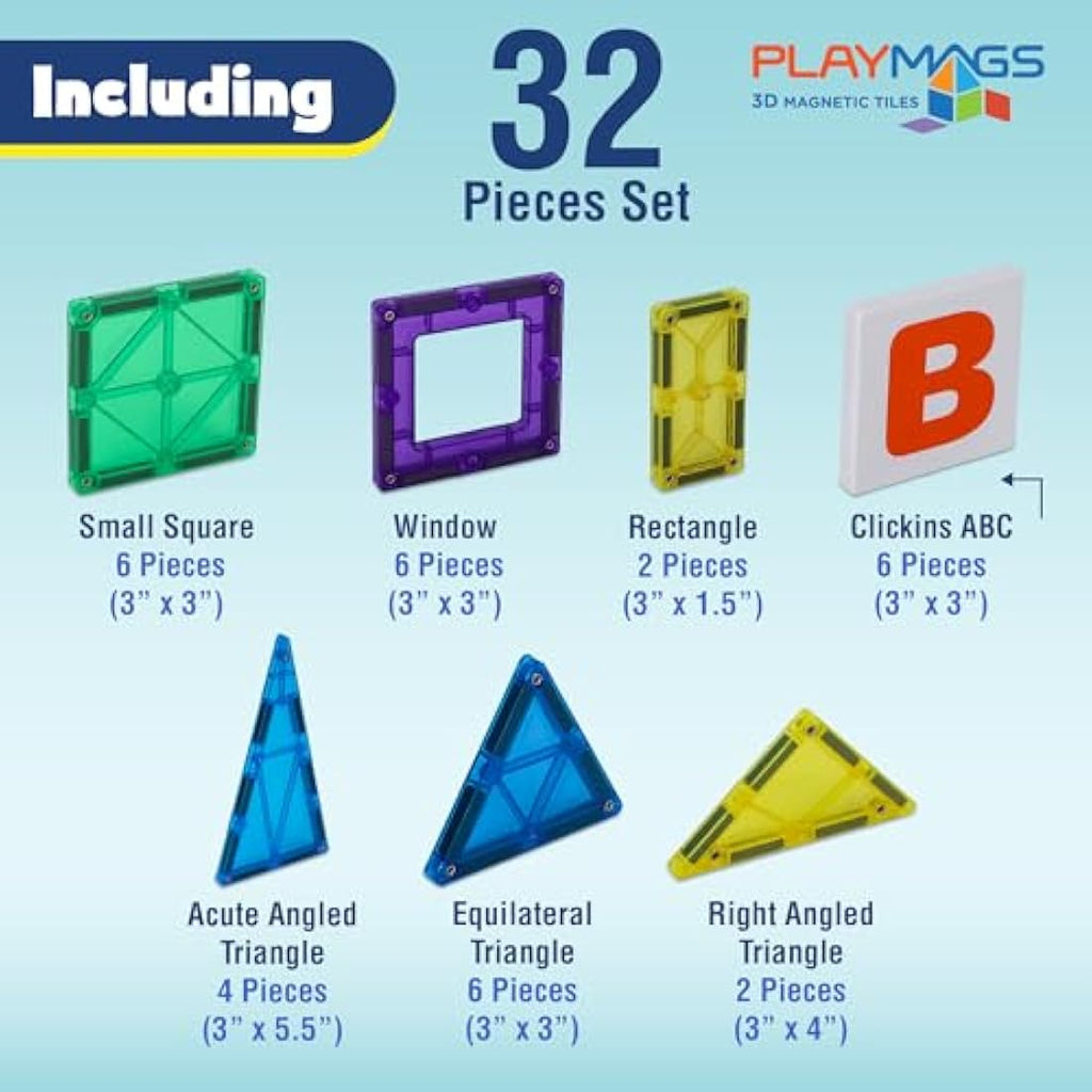 Playmags 38-Piece Magnetic Building Tiles Set – Educational STEM Toys