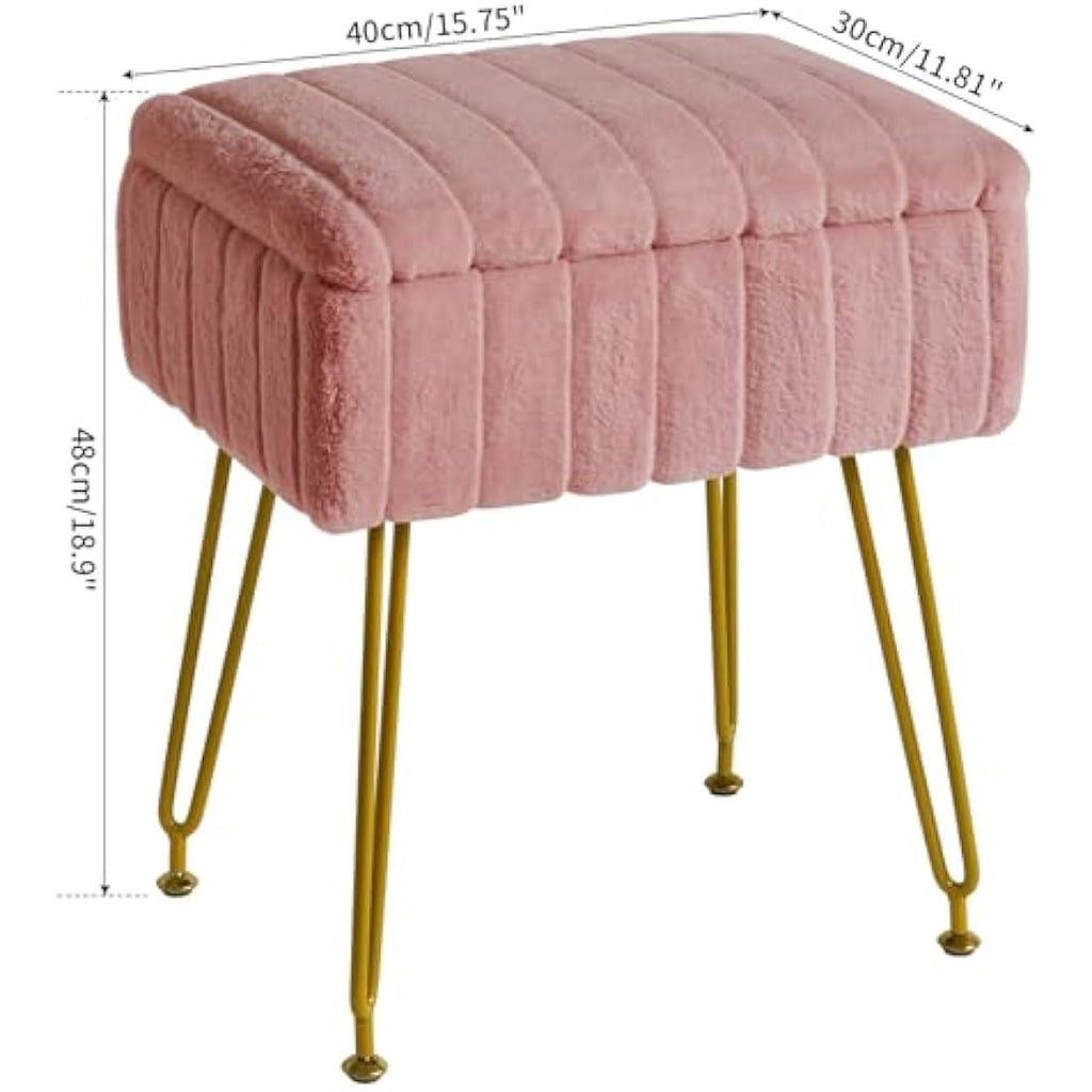 IBUYKE Faux Fur Storage Ottoman Stool – Pink Makeup Vanity Footrest