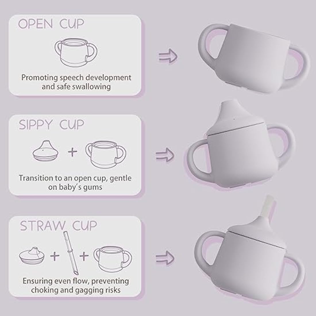 Moonkie 3-in-1 Silicone Baby Sippy Cup with Straw | Leak-Proof, Mauve, 4oz