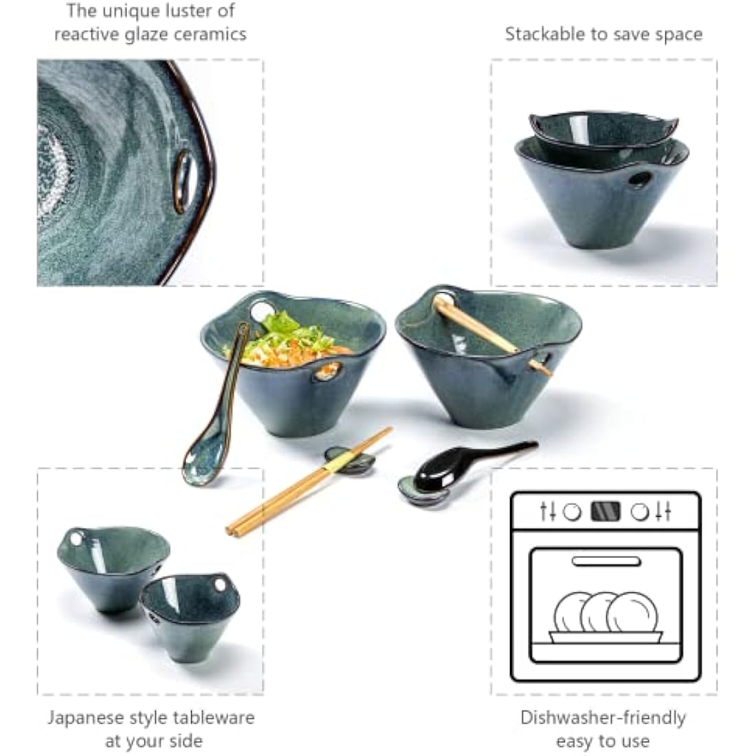 Henten Home Ceramic Ramen Bowl Set of 2 – 780ml Green Reactive Glaze