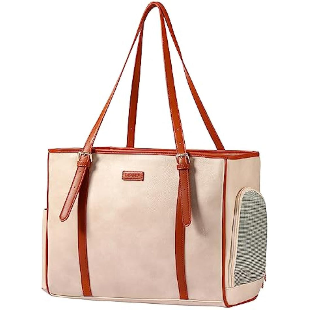 Lasaviin Vegan Leather Dog Purse | Airline Approved Pet Carrier - Beige