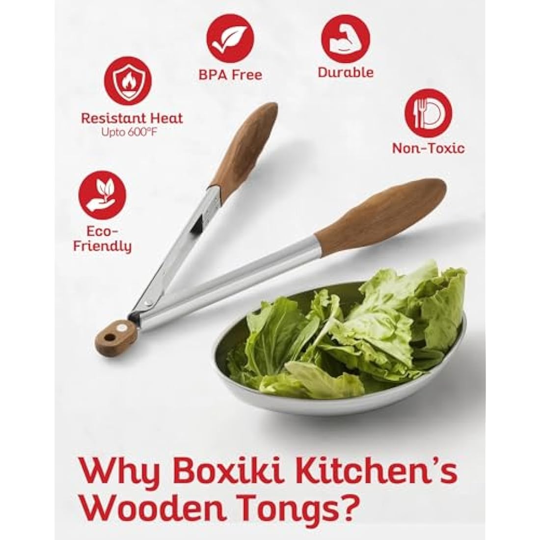 Boxiki Kitchen 12-Inch Olive Wood Tongs for Cooking and Grilling