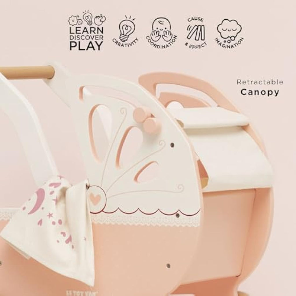 Le Toy Van Sweet Dreams Wooden Doll Pram – Pink Retro Pretend Play Toy
