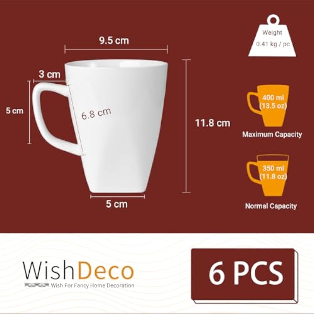 WishDeco Porcelain Coffee Mugs Set of 6 | 14oz White Tea Cups with Handle
