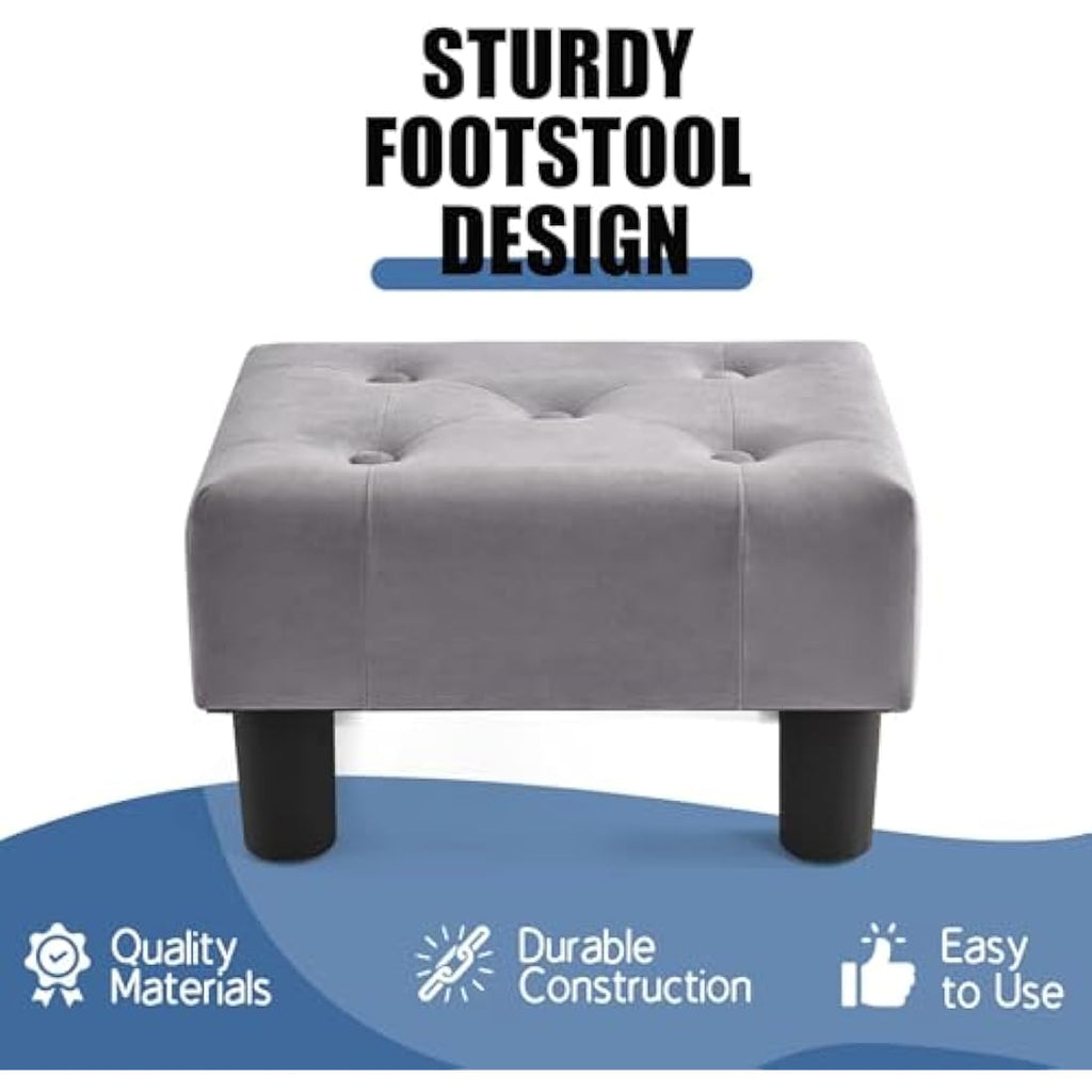 Velvet Footstool – Small Storage Ottoman for Living Room, Gray