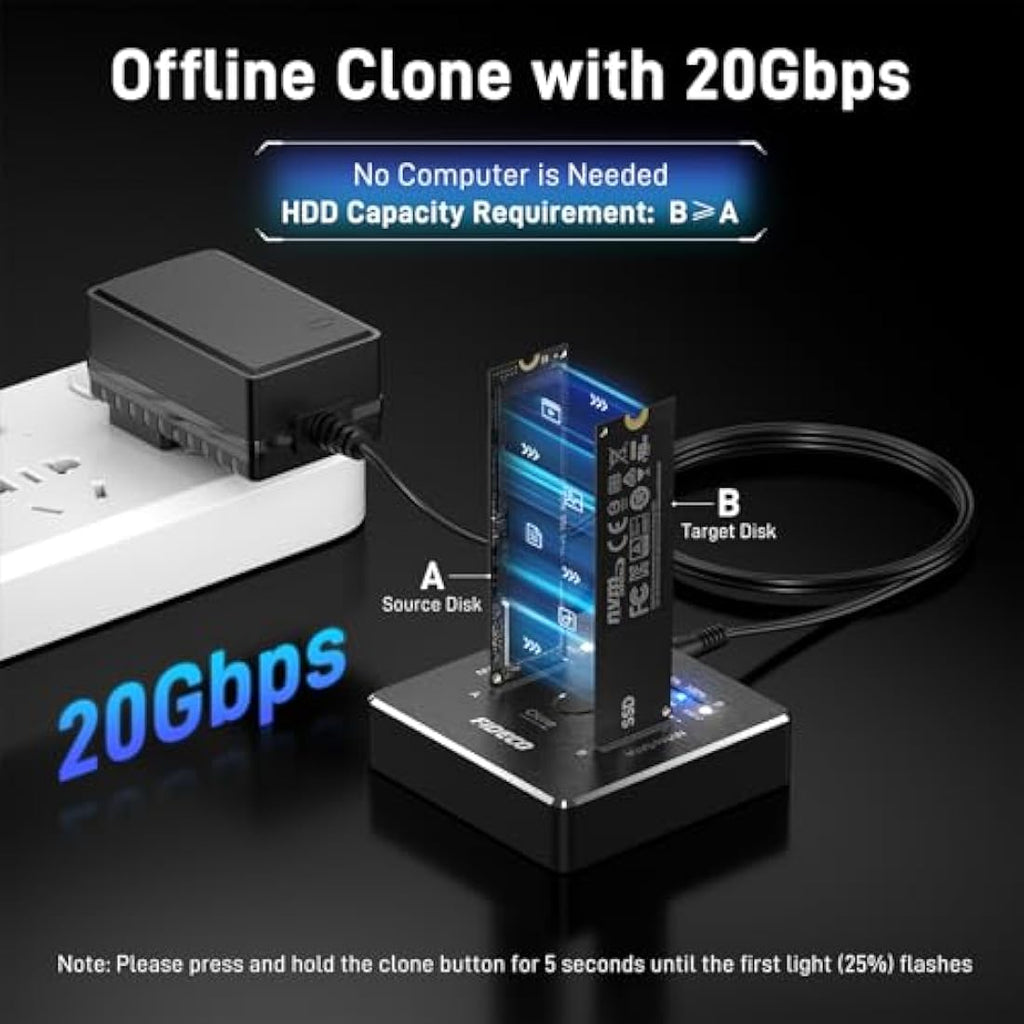 FIDECO M.2 NVMe SATA SSD Docking Station | 20Gbps Offline Cloner